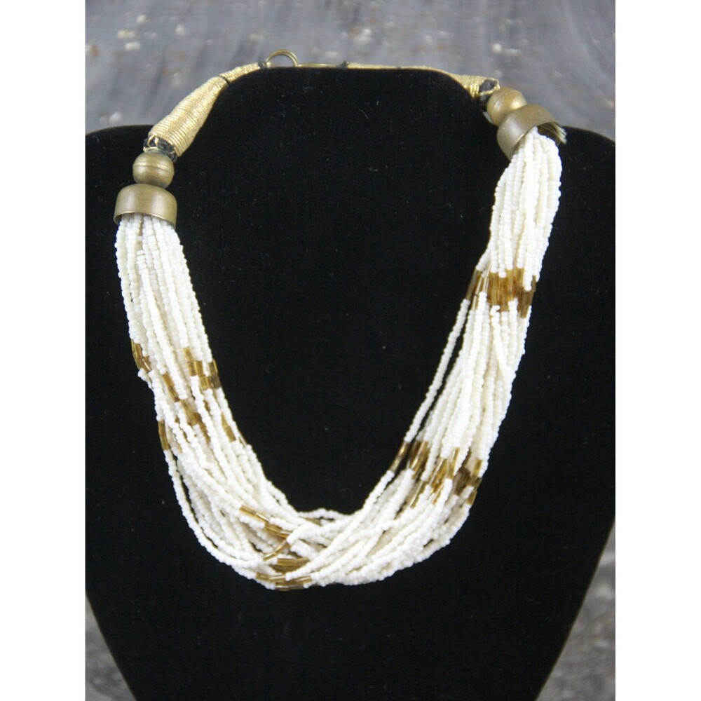 Native American White and Gold Beaded Necklace, approx 30 strands of beadds